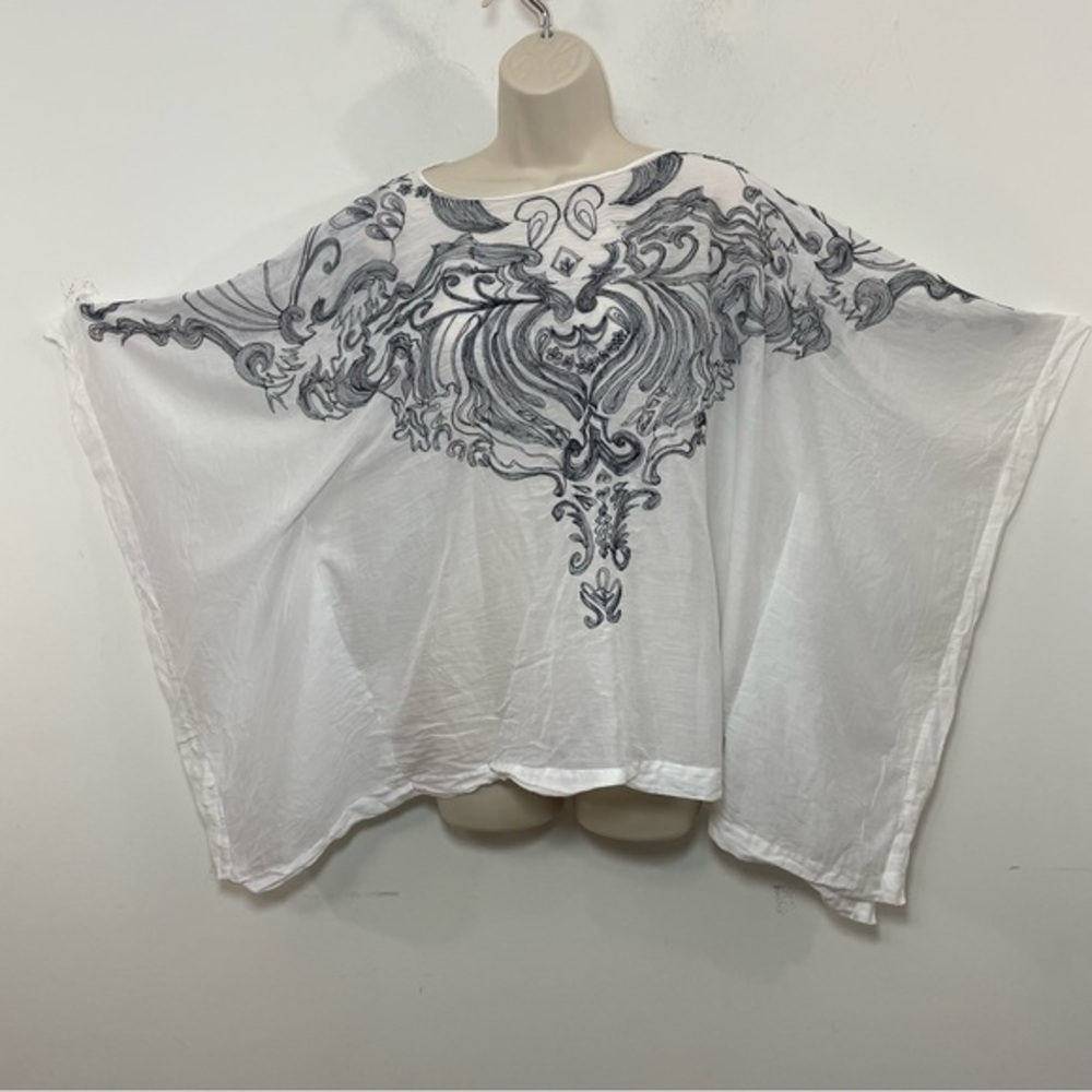 Josie Natori tunic blouse embroidered white lightweight size large cotton silk
